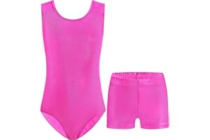 Nymphperi Girls Gymnastics Leotards 2 Piece Shiny Sleeveless Bodysuits with Sparkly Breathable Shorts Suit