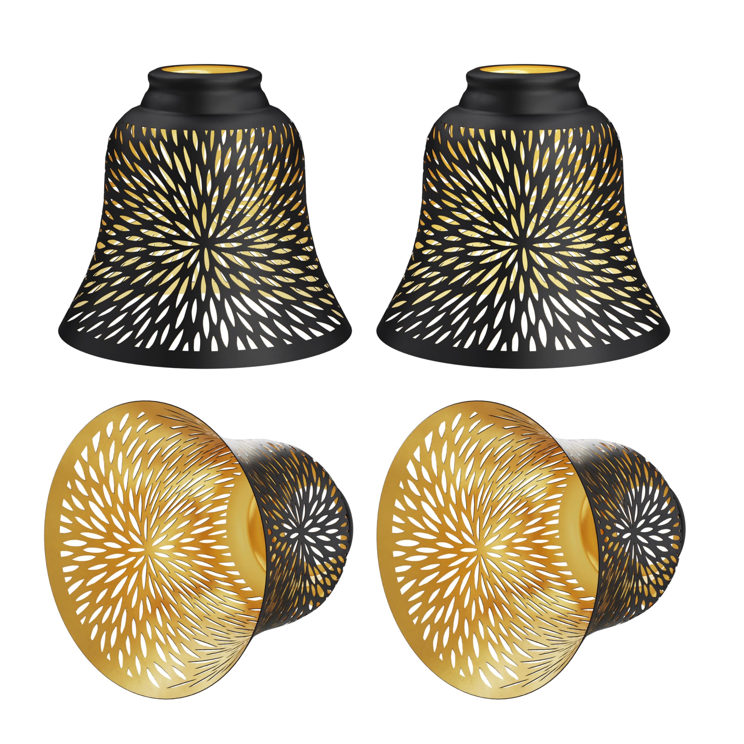 Photo 1 of Lampshade 4 Pack, ALUCSET Pendant Light Shades, Ceiling Fan Replacements Light Shade with 2.28" Fitter, 5.12" High 6" Diameter,Metal Daisy Etched Light Covers for Chandelier,Wall Sconces,Black Gold