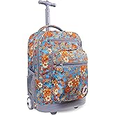 J World Sundance Laptop Rolling Backpack for Girls Boys. Roller Bookbag with Wheels, Retro Bloom