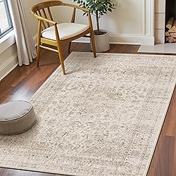 WondRg 4x6 Washable Beige Vintage Area Rug for