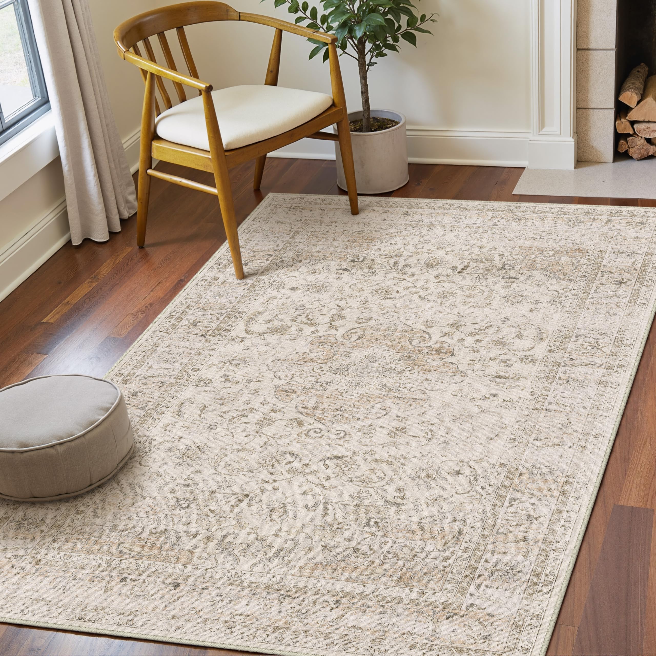 WondRg 4x6 Washable Beige Vintage Area Rug for