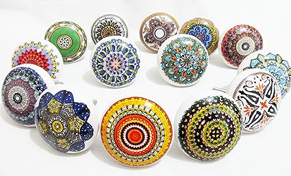 Set Of 6 Mix Colourful Vintage Look Ceramic Knobs Handle Drawer