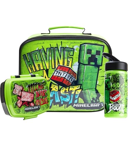 Zaino E Lunch Box Minecraft Per Bambini, Set Verde E Nero In Poliestere 600D, Per Fan Dai 3 Anni
