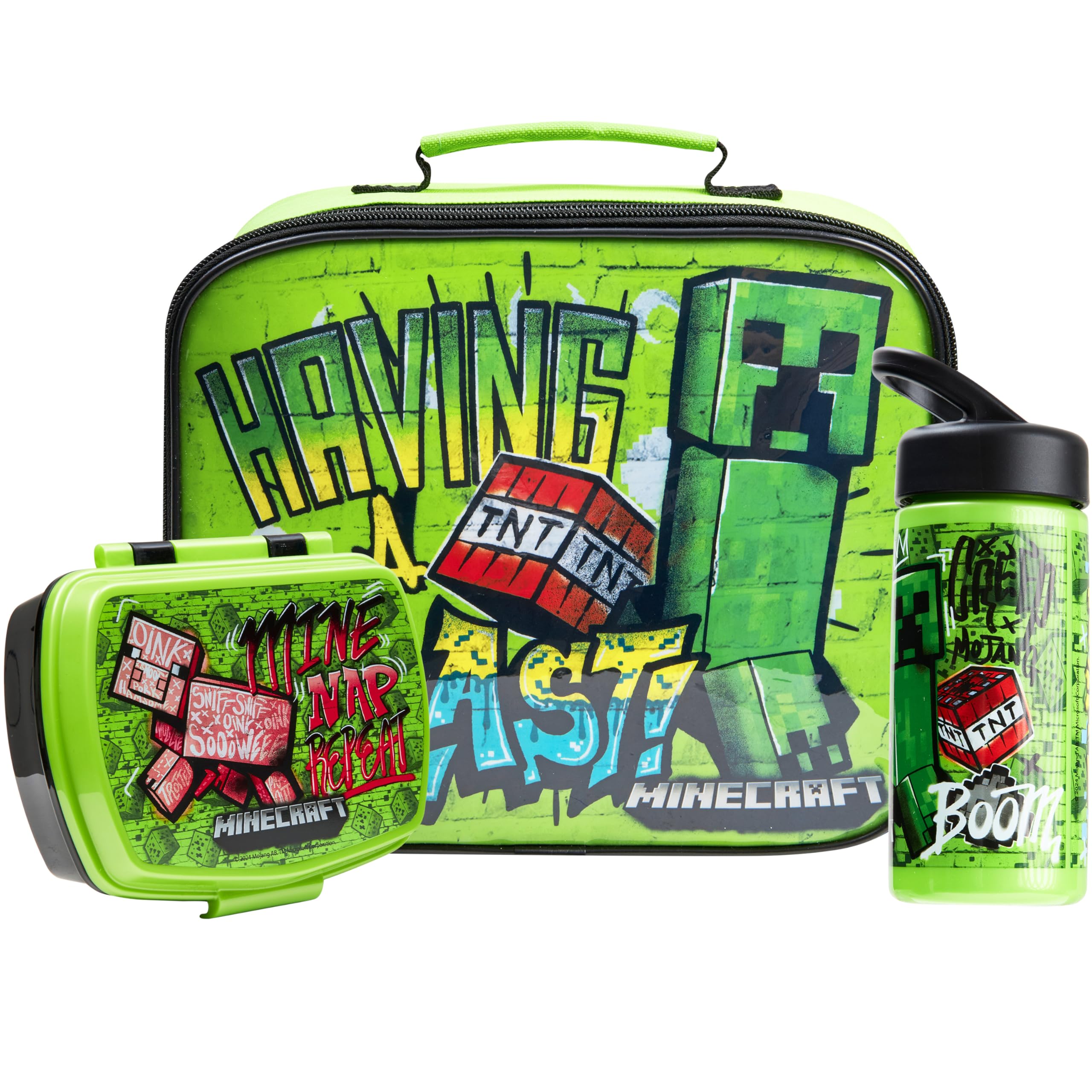 Minecraft Insulated Kids Lunch Bag Lunch Box and Kids Water Bottle 420ml, 3 Piece Set for School or Travel, Gamer Gifts