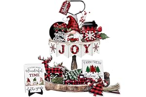 JOPHMO Christmas Tiered Tray Decoration Set Wooden Farmhouse Tray Decor Seasonal Winter Rustic Wood Sign Tabletop Centerpiece with Wood Bead Garland Christmas Table Decor for Home Kitchen (Decor-01)