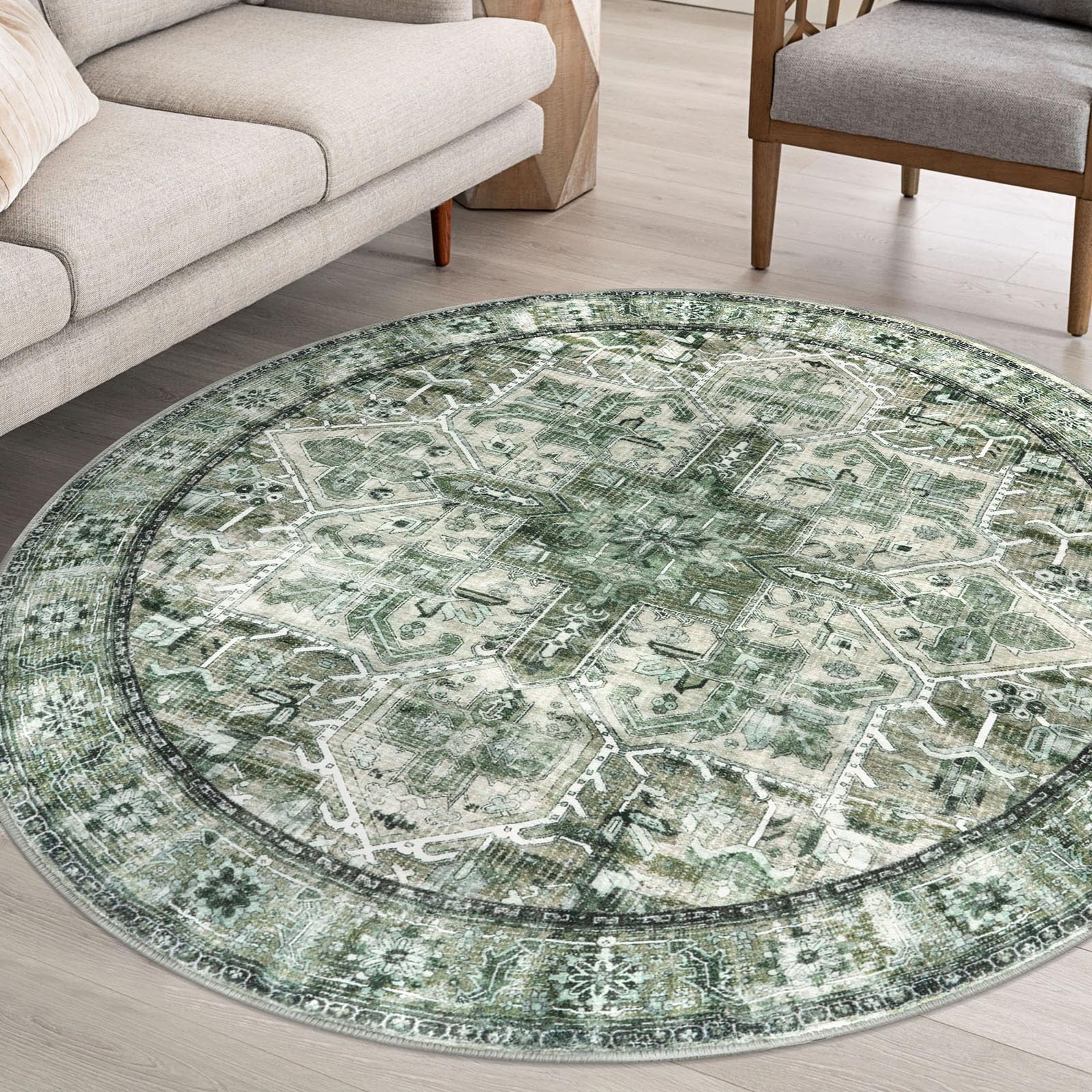 SIILOOM 6' Round Washable Rug for Entryway, Green Soft Printed Area Rug, Non-Slip Kitchen Rugs, Low-Pile Medallion Indoor Door Mat, Small Farmhouse Carpet for Entrance Kitchen Foyer Bedside Image