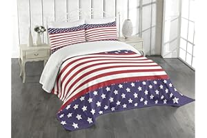 Lunarable Striped Bedspread, American Flag Stars Stripes USA Royalty Emblem Nation and Country Print, Decorative Quilted 3 Piece Coverlet Set with 2 Pillow Shams, King Size, Violet White