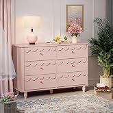 Anbuy Pink Scalloped Nursery Chests and Nursery Chests and Dresser for Kids Bedroom Wood 6 Drawer Dresser, Dressers &amp; Chests of Drawers with Metal Handles for Bedroom, Nursery, Hallway