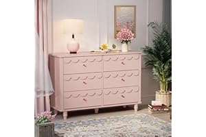 Anbuy Pink Scalloped Nursery Chests and Nursery Chests and Dresser for Kids Bedroom Wood 6 Drawer Dresser, Dressers & Chests of Drawers with Metal Handles for Bedroom, Nursery, Hallway