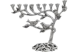 Ner Mitzvah Tree of Life Menora for Chanuka - Fits All Standard Chanukah Candles - Artistic Candle Menorahs - Silver Hanukkah Menorah - 7.5" High