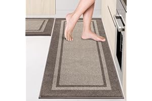 ANLLUGS Kitchen Rugs Set (24" x 36"+24" x 60"), Non-Slip Machine Washable Kitchen Runner Rugs Floor Mats, Absorbent Comfort Standing Mats for Kitchen, Sink and Hallway, Rolled Packaging, Beige & Grayish Brown