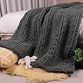 Carriediosa Chunky Knit Throw Blanket 50" X 60", 100% Hand Made Large Chenille Loop Yarn Soft Fluffy Throws for Couch Sofa Bed, Big Crochet Cozy Heavy Thick Cable Woven Blankets, Dark Grey