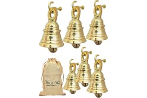 HIGHBIX Solid Brass Jingle Bells Set of 6 Hanging Harmony Festive Décor Handmade Brass Bells with Hooks