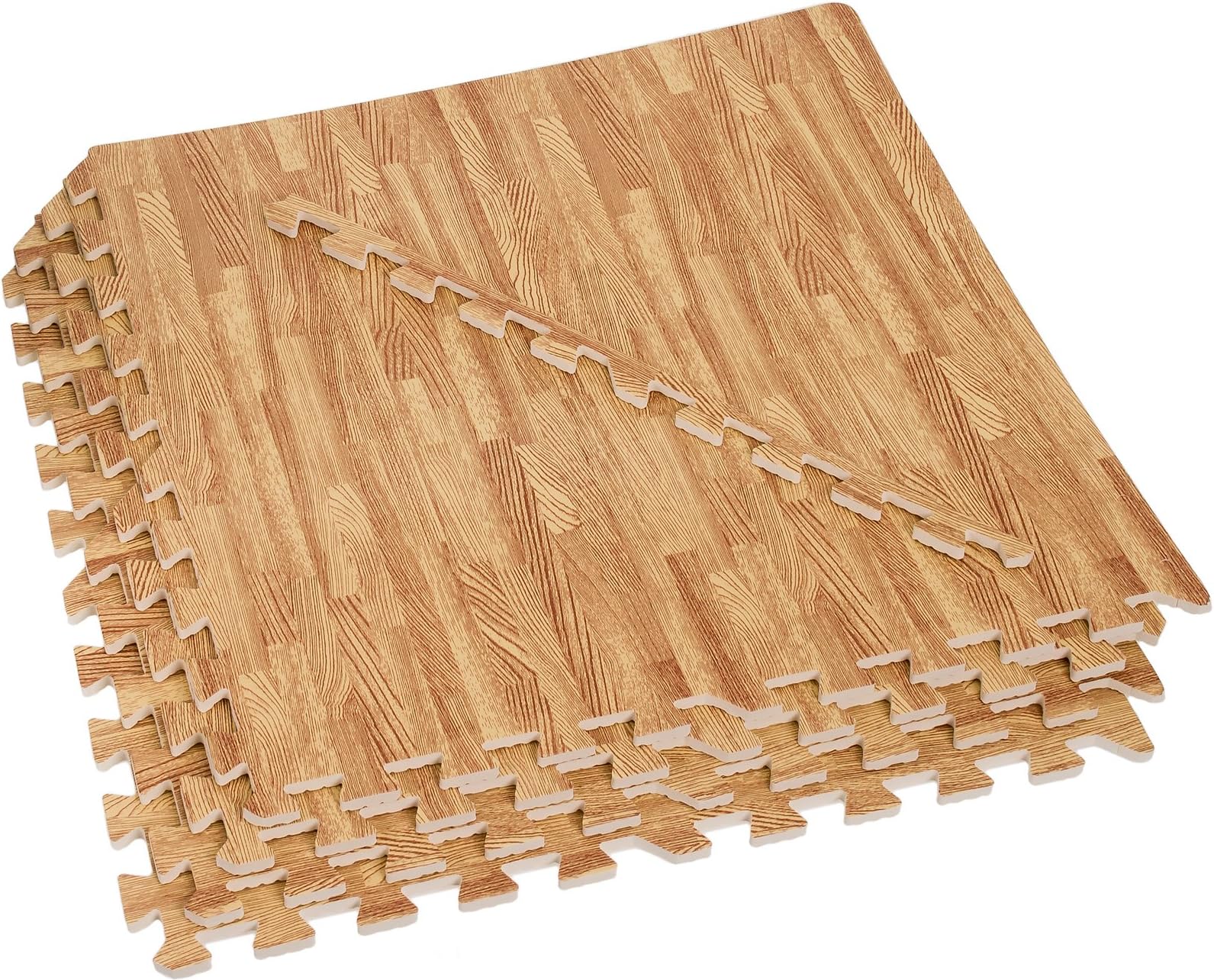 EVA Foam Exercise Mats - 32 Sq Ft Wood Grain Gym Floor Interlocking Mats (Light)