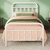 Allewie 14 Inches Twin Size Metal Platform Bed Frame with Victorian Style Iron-Art Headboard/Footboard, Mattress Foundation, Easy Assembly, Under Bed Storage, No Box Spring Required, Off White