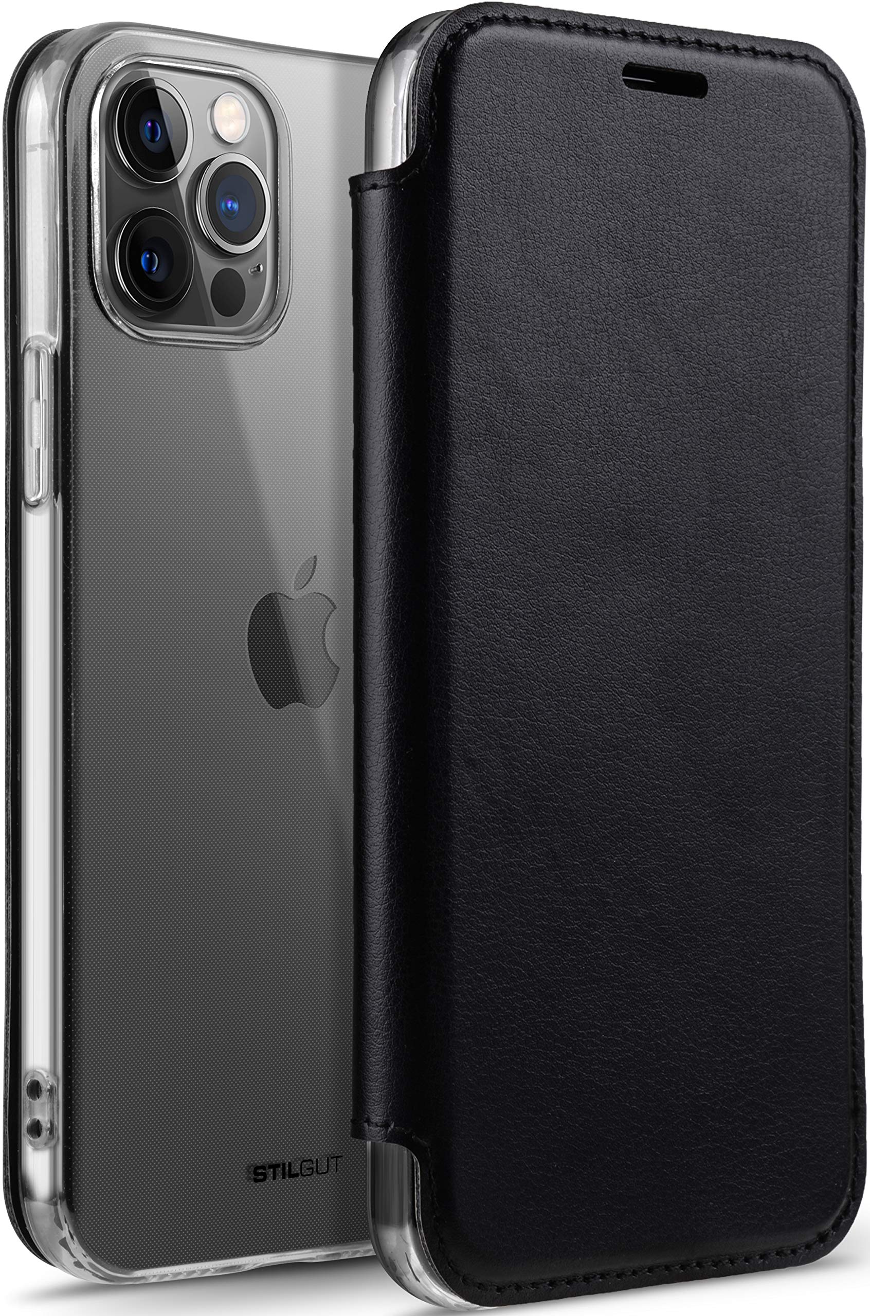 STILGUT Wallet Case Designed for iPhone 12 Pro Max Clear TPU Flip Cover Card Holder Nappa Leather with RFID/NFC Blocking, Black