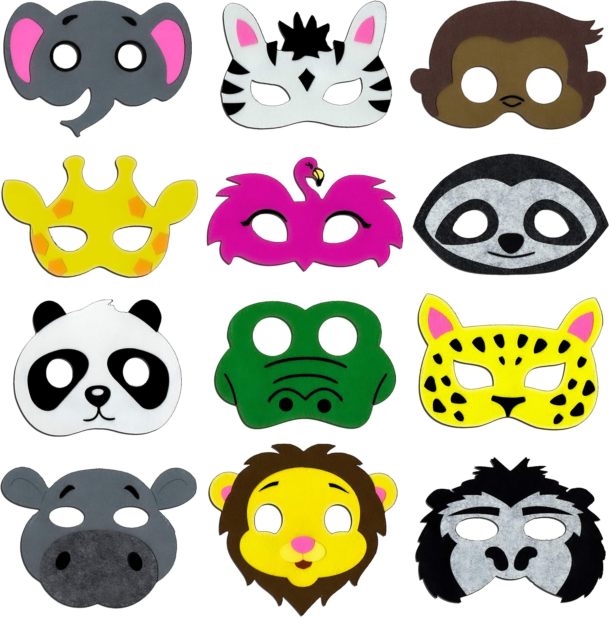 Animal Jungle Safari Masks for Kids Party, 12 Felt Masks, Great for Animal, Zoo, Jungle & Safari Themed Birthday, Christmas and Halloween Parties