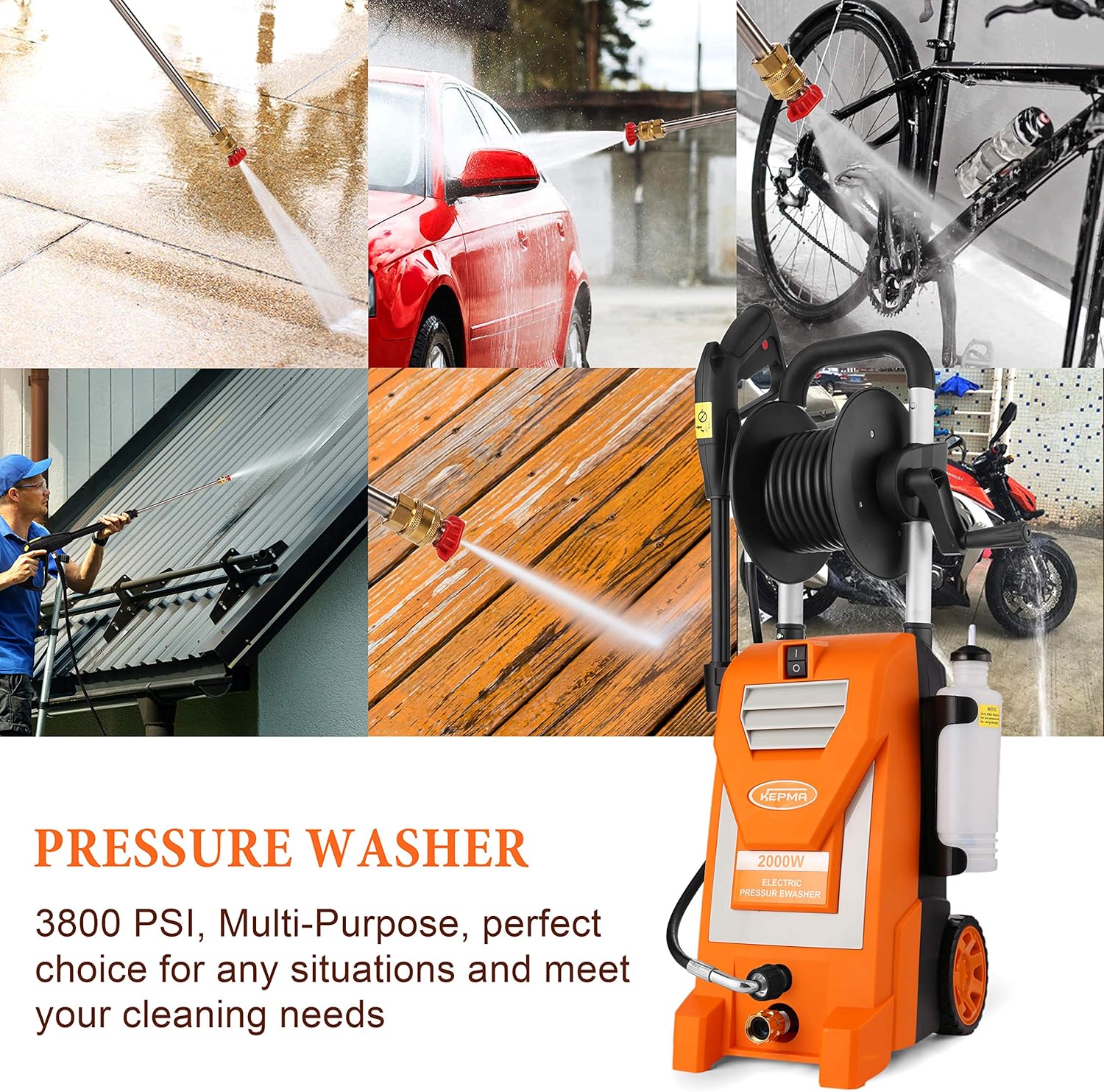 Kepma Electric Pressure Washer, 3800PSI 3.0GPM Power Washer 2000W High Pressure Cleaner Machine with 5 Nozzles, Foam Cannon, Hose Reel for Car Washing, Patio Furniture, Concrete, Deck (Orange) : Garden & Outdoor