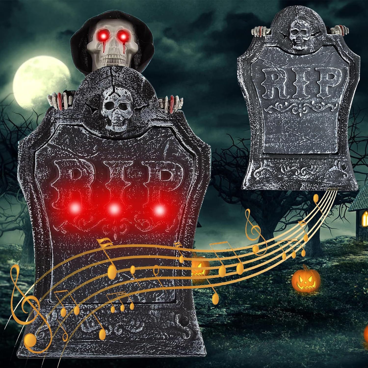 Yard Signs - Halloween Decoration Tombstone, Halloween Outdoor Decorations Tombstone Lawn Signs Scary Electric Tombstone with Lifting Ghost/Glowing/Voiced/Voice Control Suitable for Halloween Parties Gardens Yards