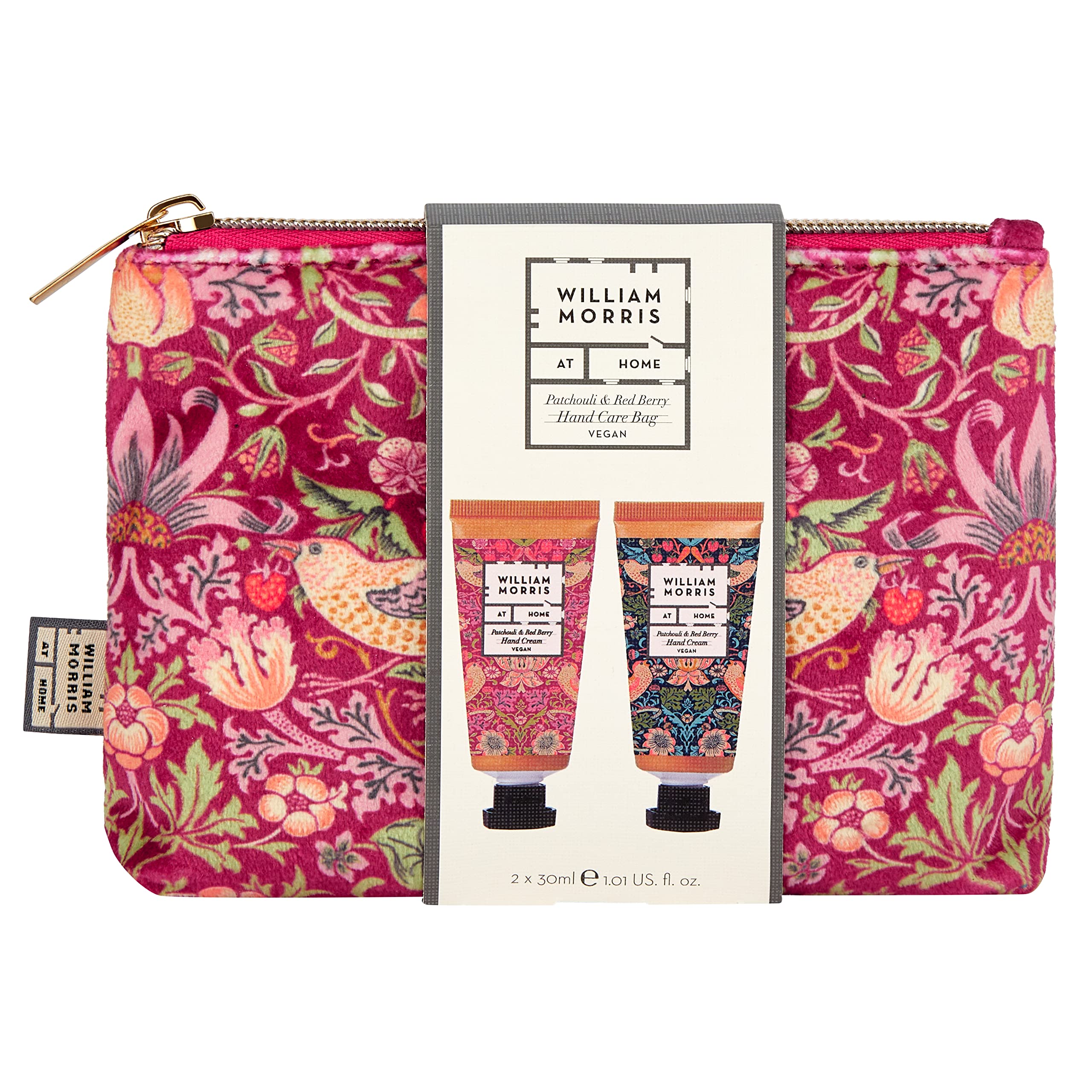 William Morris At Home Hand Cream 2x 30ml, Cosmetic Bag, Zip Pull Toiletry Beauty Organiser, Shea Butter, Patchouli and Red Berry Moisturiser, Travel Size, Vegan and Cruelty Friendly, Gift For Her — image 1