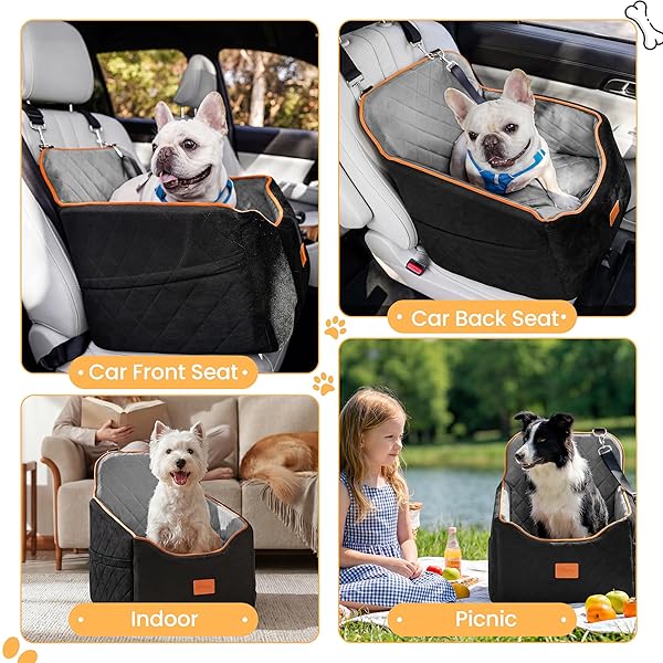 HIPETPY DOG CAR SEAT 6″ ELEVATED MEMORY FOAM BOOSTER SEAT FOR SMALL MEDIUM DOGS UNDER 35 LBS WITH PET BLANKET, WASHABLE PET CAR SEAT WITH SAFETY LEASH, ANTI-SLIP BASE AND STORAGE POCKETS