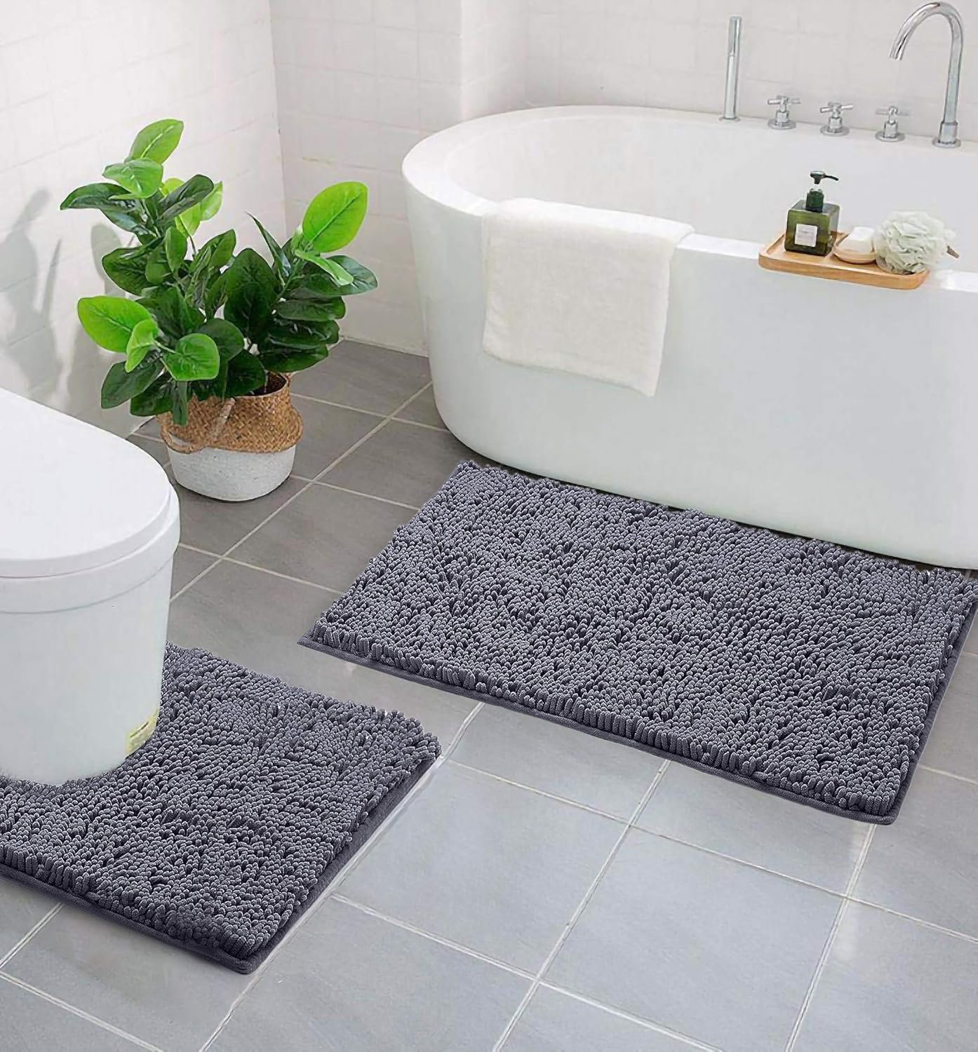 LuxUrux Bathroom Rugs Luxury Chenille 2-Piece Bath Mat Set, Soft Plush Anti-Slip Bath Rug +Toilet Mat.1'' Microfiber Shaggy Carpet, Super Absorbent (Curved Set, Dark Gray): Home & Kitchen