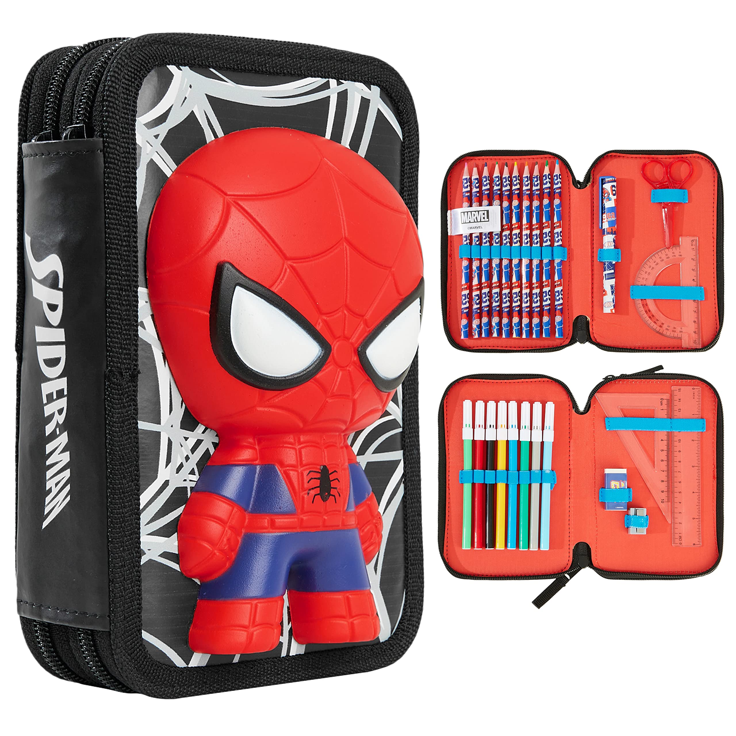 Marvel Pencil Case with Stationery Included School Supplies Filled Large Pencil Case Multiple Compartments Colouring Pencils Pens Boys Stationery Set Gifts for Boys (3D Spiderman)