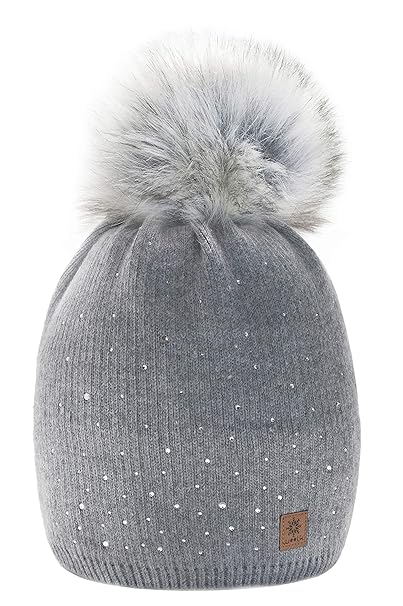 morefaz Wurm Winter Strickmütze Mütze Damen Kristalle Kiesel mit Große Pelz Bommel Pompon l SKI (MFAZ Ltd)