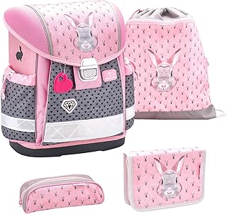 Belmil Schulranzen Set 4 - teilig ergonomischer Schulranzen Mädchen 1. klasse 2. klasse 3. klasse - Super Leicht 860-950 g/Grundschule/Hase grau rosa (403-13 Bunny)