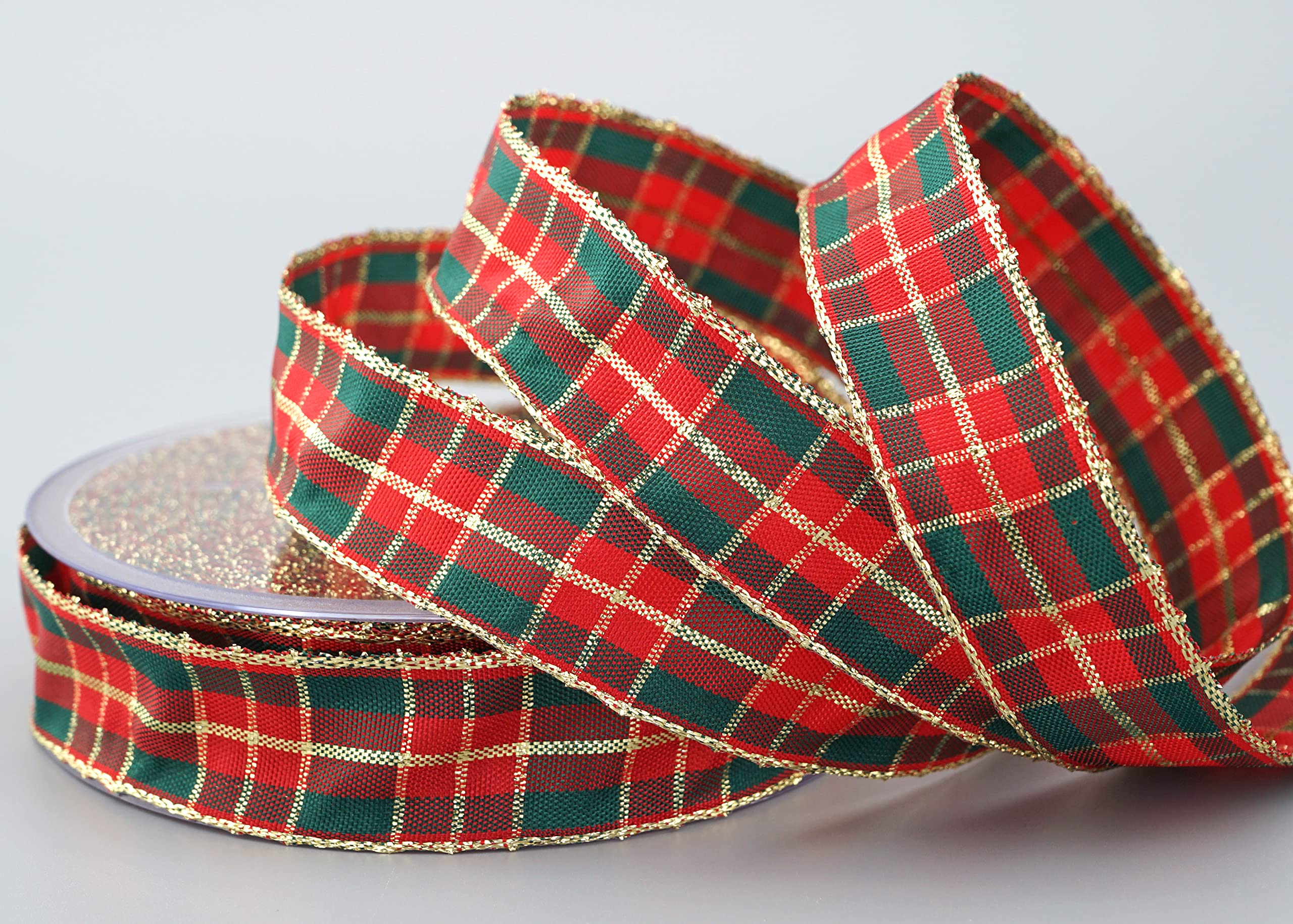 Decorative ribbon, Christmas chequered 25 mm, wire edge, decorative, tartan double sided with Lurex gold edge, winter advent, Red dark green gold, 20 m x 25 mm