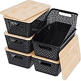 Anywish Storage Bins with Lids 6 Packs, Plastic Storage Bins with Bamboo Lids for Pantry Organization and Storage Containers for Shelves Drawers Desktop Closet Office Home, Black