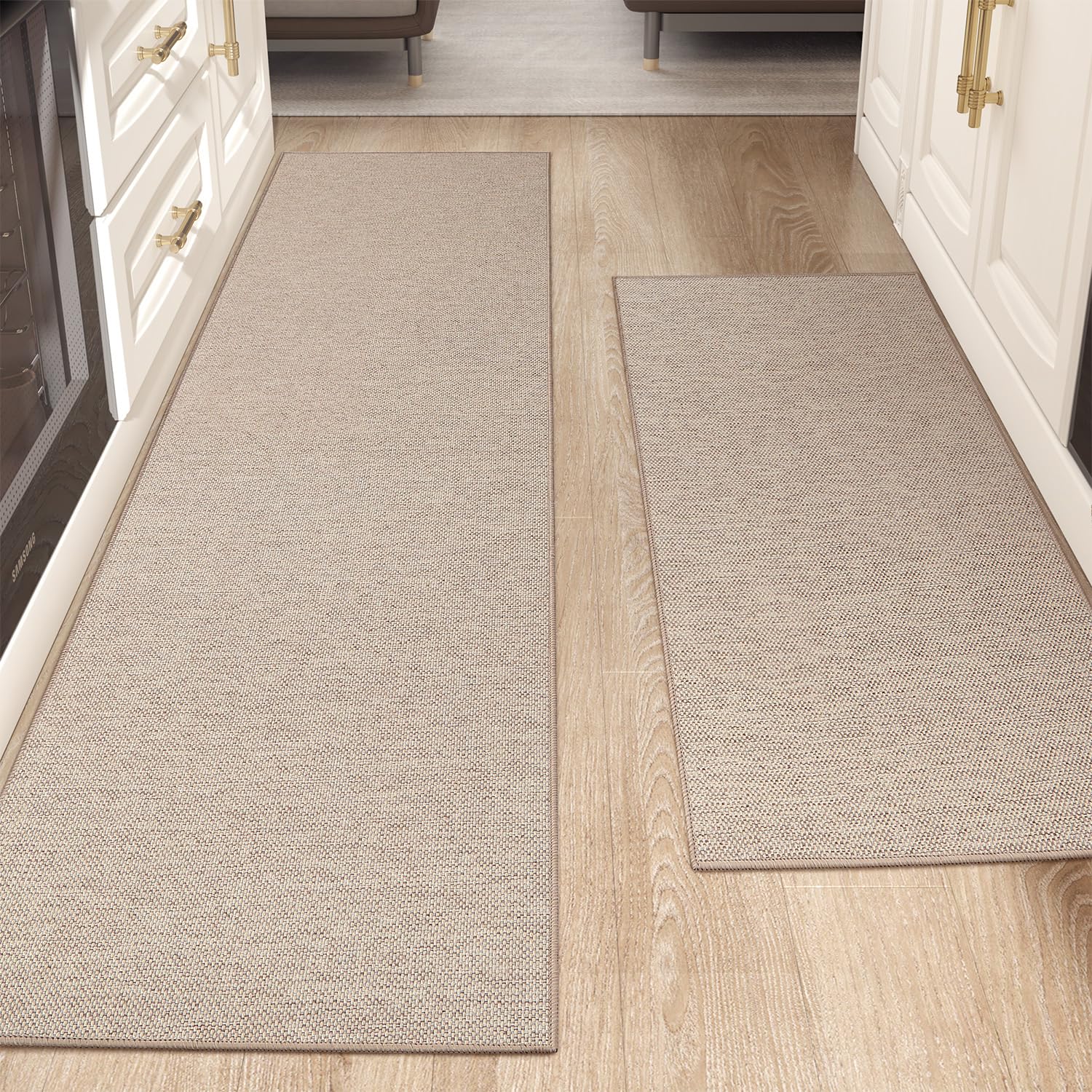 COLOR&GEOMETRY Kitchen Rugs Non Slip Washable 43x75cm+43x150cm, 4mm Thin Woven Rubber Backed Kitchen Runner Rug, Absorbent Easy to Clean Floor Mats for in Front of Sink, Laundry Room, Hallway, Khaki — image 1