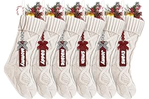 NACKIY 6Pack Personalized Christmas Stockings with Wooden Name Tags, 18 inches Xmas Cable Knitted Stocking for Holiday, Hanging Decoration Gifts for Family Party(White)