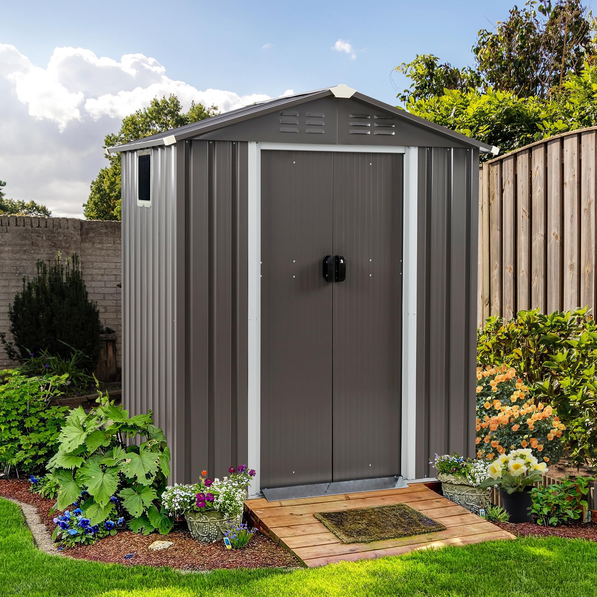 Photo 1 of Shintenchi 5x3 FT Outdoor Storage Shed with Window, Lockable Outdoor Waterproof Tool Storage Sheds, Weather Resistant Tool Storage House Shed for Garden, Backyard, Patio Utility and Tool Storage, Gray