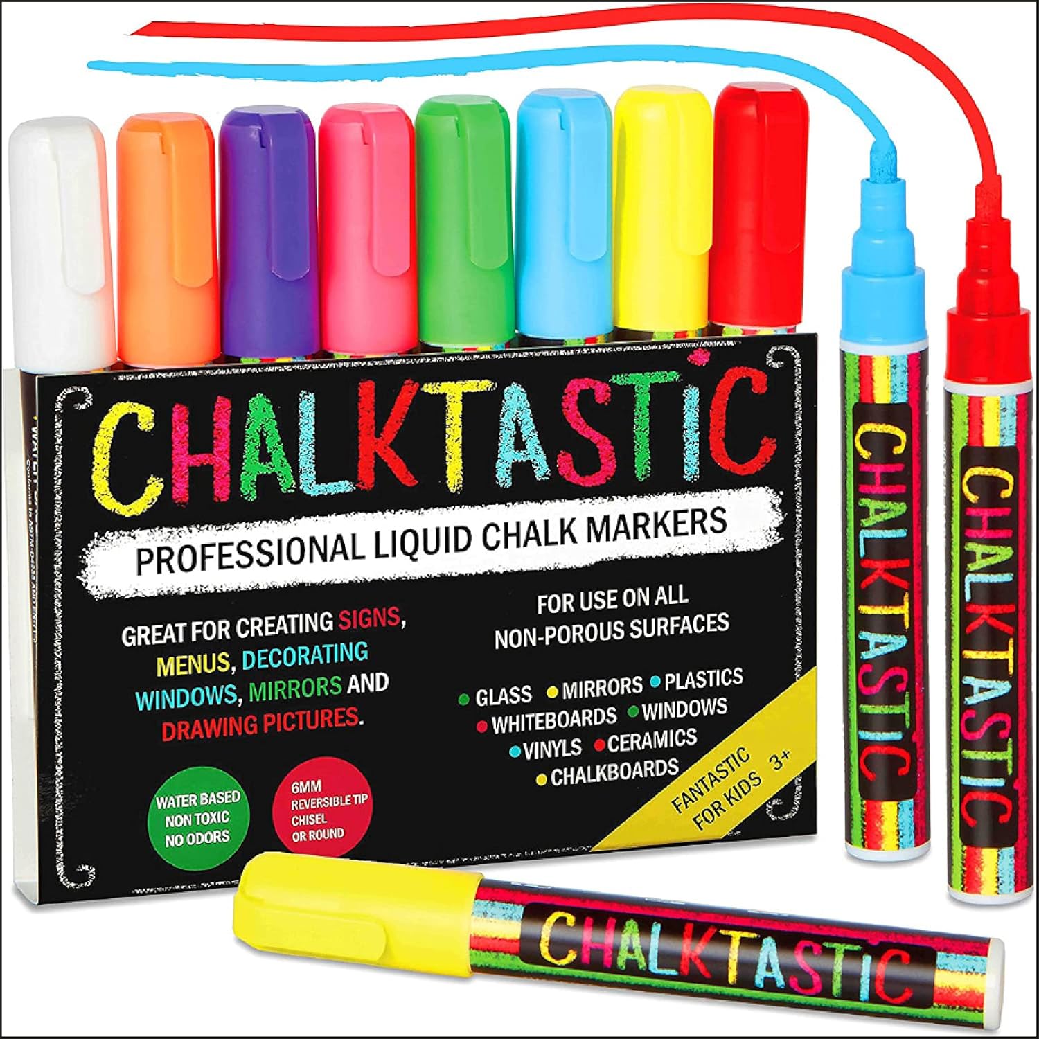 Chalk Markers by Fantastic CHALKTASTIC Best for Kids Art, Chalkboard Labels, Menu Board Bistro Boards, 8 Glass Window Markers, non-toxic Erasable Liquid Pens Chisel or Fine Tip, Neon Colors plus White : Office Products