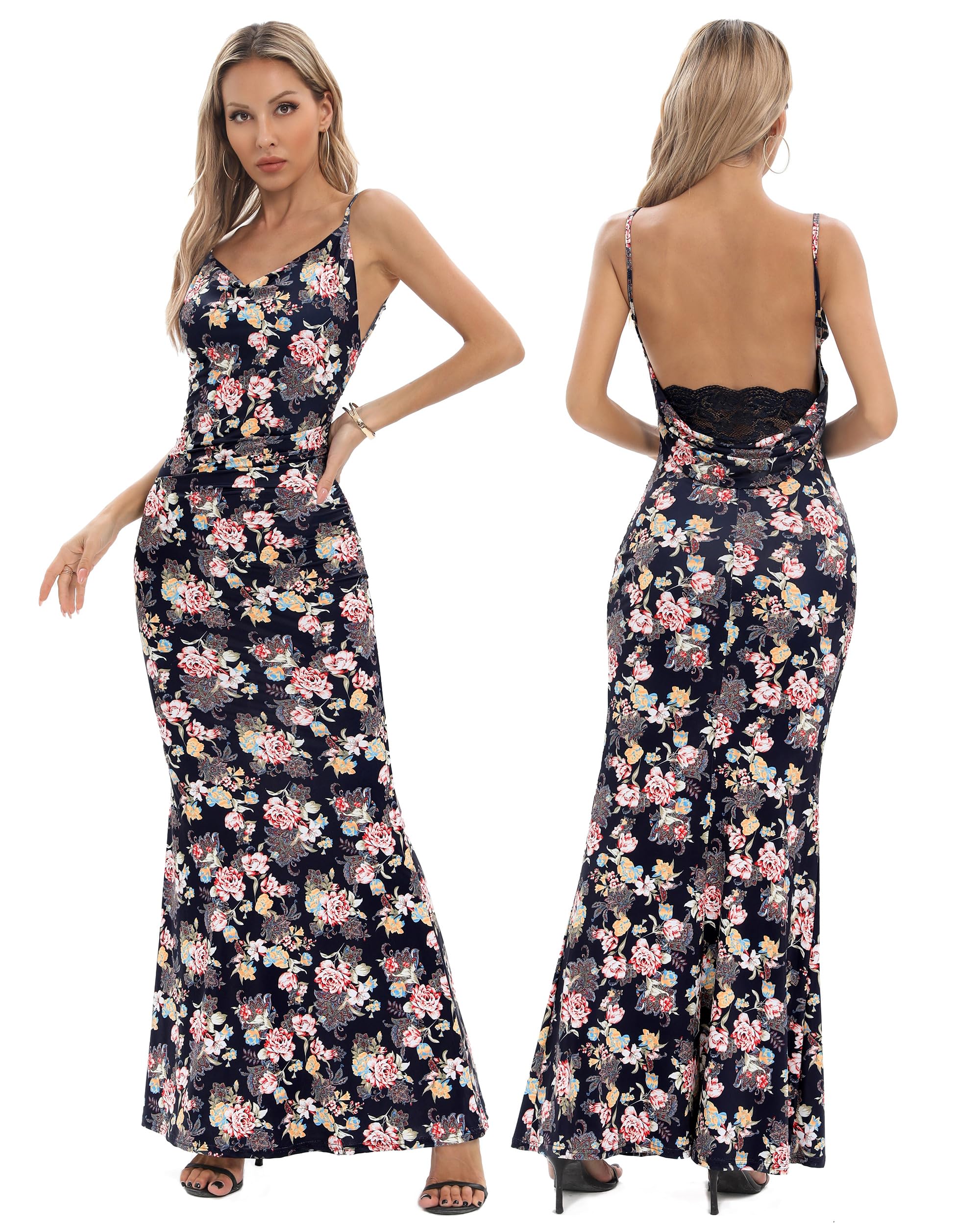 Capuffy Women Floral Print Maxi Dresses Lace