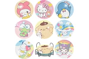 NEKPIAHU 8Pcs Diamond Art Painting Coasters with Holder,DIY Cartoon Life Coaster Diamond Art Kits for Adults Kids,Beginners Round Full Drill Diamonds Art Craft Supplies
