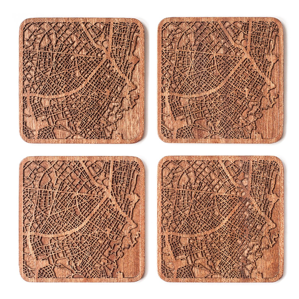 Bogotá Map Coaster, Set of 4, Sapele Wooden Coaster with City map, Multiple City Optional, Handmade