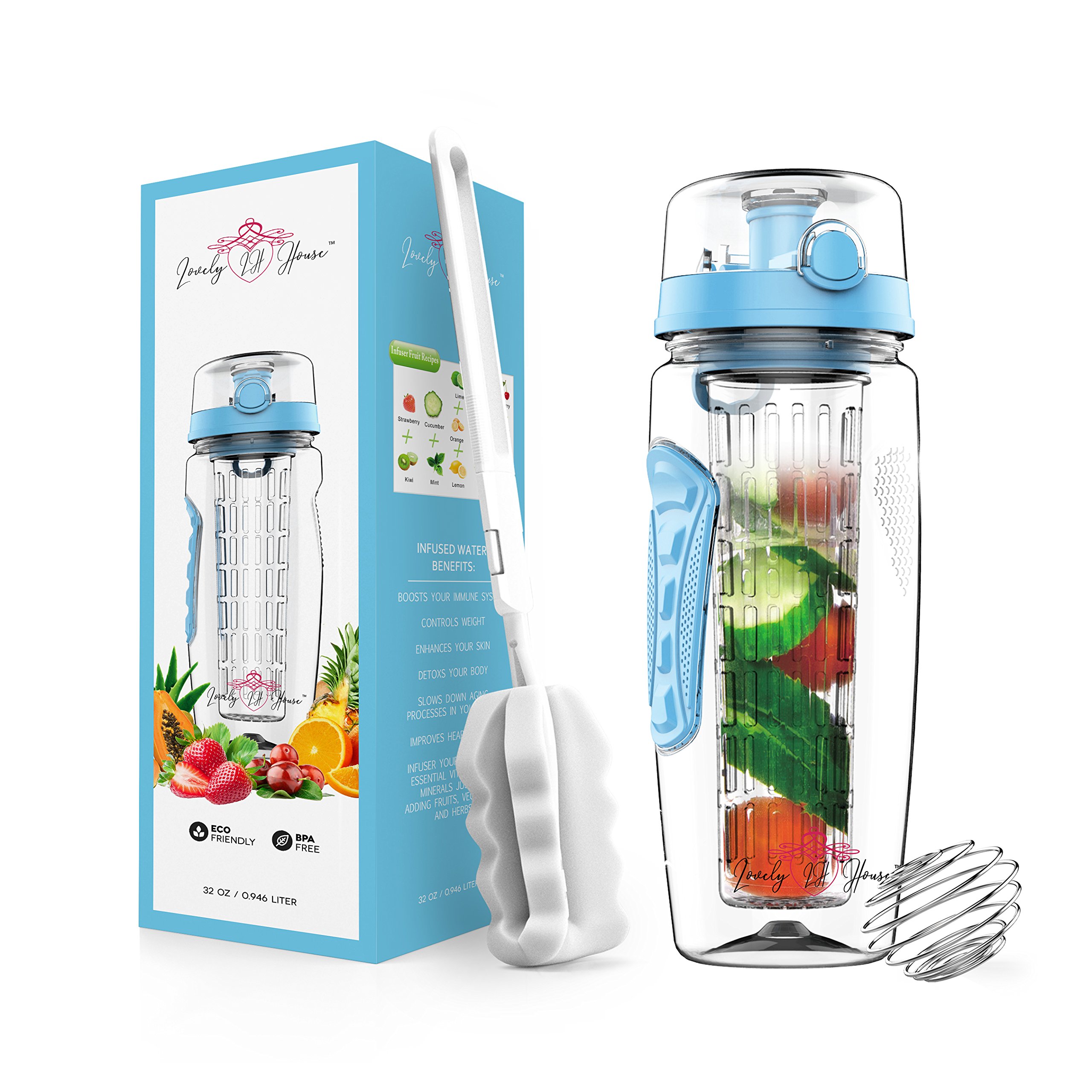 Fruit Infuser Water Bottle 32 oz: Flavored Water & Tea Infusion for Hydration, Protein Shake Sports Container, Leak-Proof Lid, Long Infuser Basket – with Sleeve, Cleaner Brush & Mix Ball