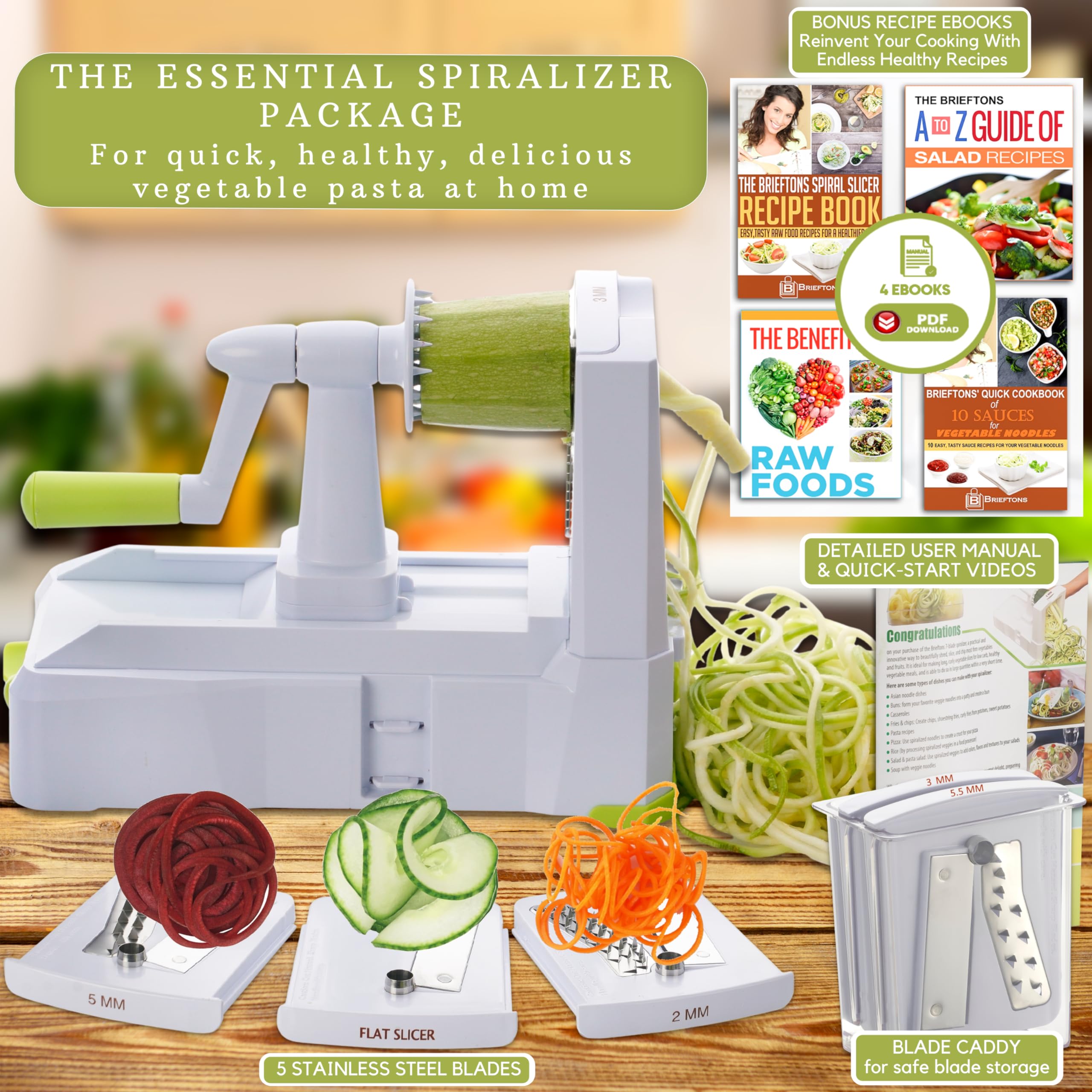Brieftons 5-Blade Vegetable Spiralizer: Strongest-Heaviest Spiral Slicer, Best Veggie Pasta Spaghetti Maker for Low Carb/Paleo/Gluten-Free/Vegan Meals, With Extra Blade Caddy, 4 Recipe Ebooks
