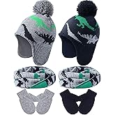 SATINIOR Winter Toddler Boys Hat Dinosaur Warm Mittens Scarf Set Pompom Baby Beanie Knitted Baby Hat Scarf Gloves Earflaps