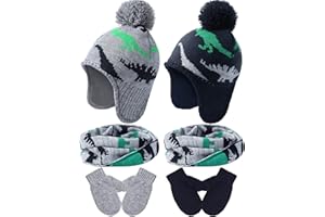 SATINIOR Winter Toddler Boys Hat Dinosaur Warm Mittens Scarf Set Pompom Baby Beanie Knitted Baby Hat Scarf Gloves Earflaps