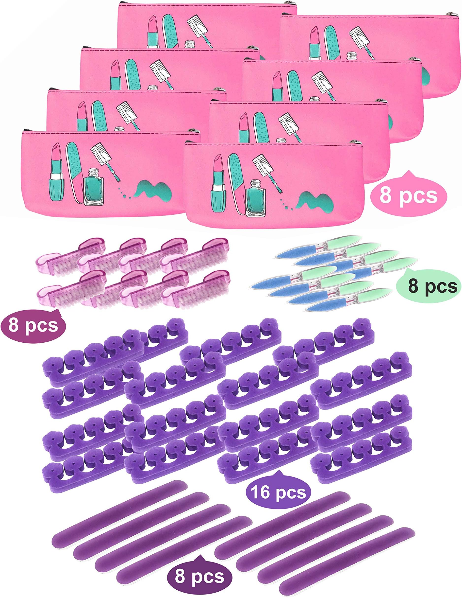 Spa Party Favors 48 Piece Set for Girls mani and pedi (8 Mini Emery Boards, 16 Toe Separators, 8 Brushes, and 8 6-way Nail Buffer)