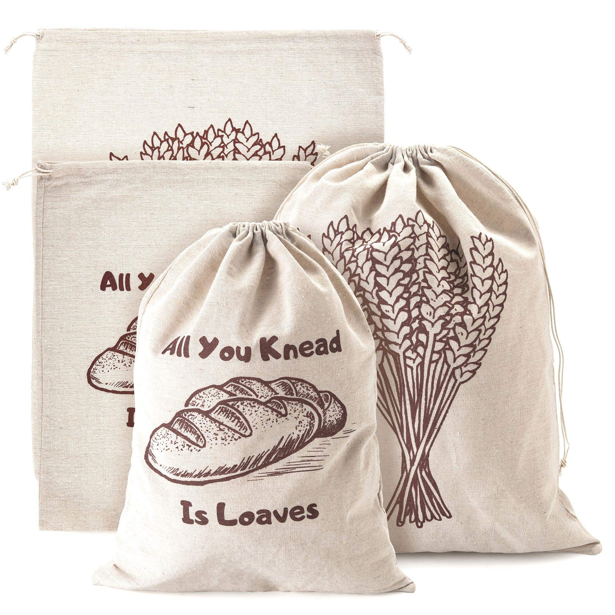 Linen Bread Bags, Pack of 4 Large and Extra Large Natural Unbleached Bread Bags, Reusable Drawstring Bag for Loaf, Homemade Artisan Bread Storage, Linen Bags for Food Storage, Ideal Gift for Bakers