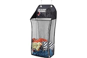 Store & Score Over The Door Hanging Kids Fun LED Baseball Light-Up Collapsible Mesh Laundry Hamper Basket, Toy Chest, Heavy Duty Metal Hooks Included. Patent Pending