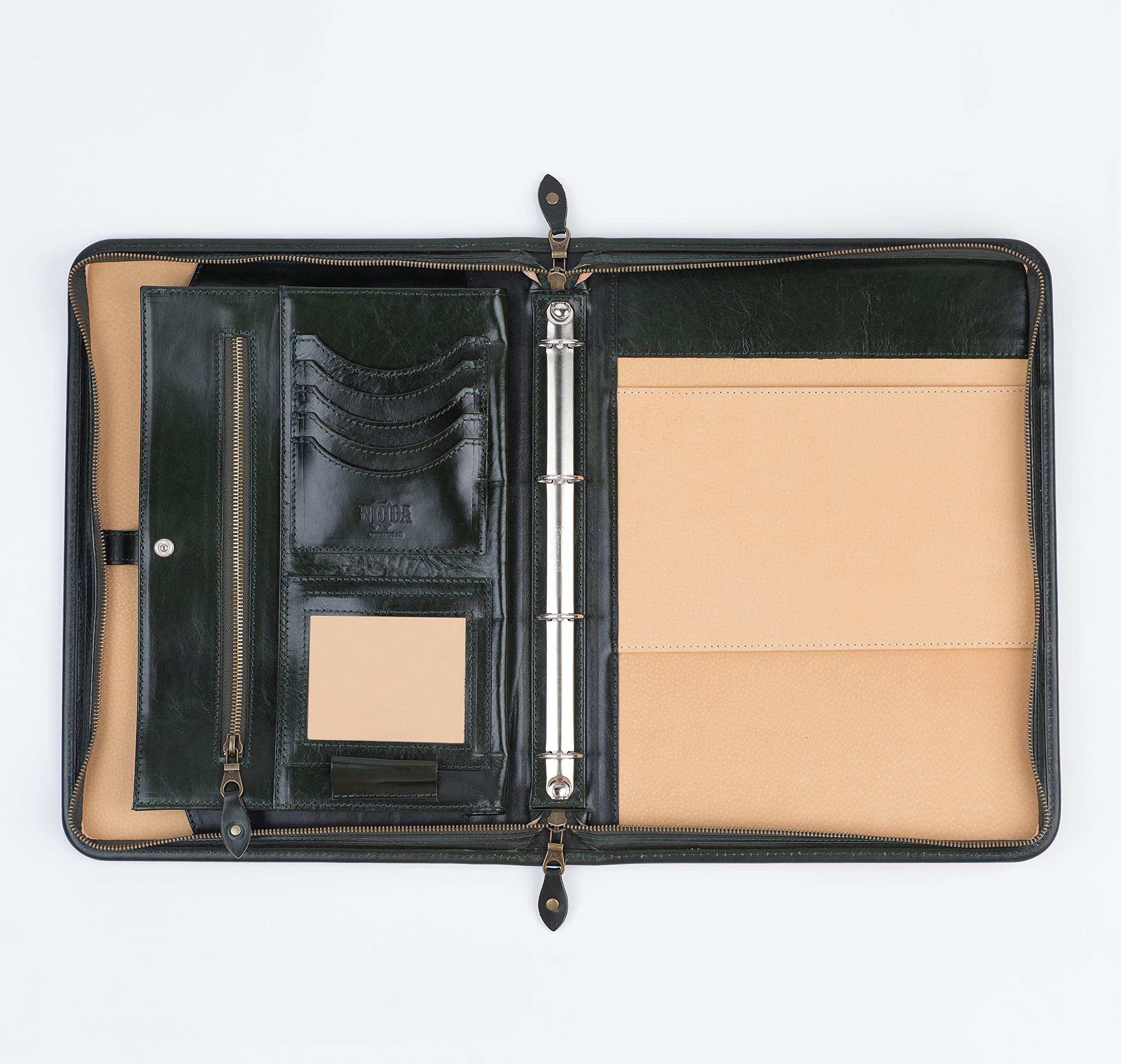 Italian Leather Folder Zipped Business Presentation Conference A4 Folder Padfolio Ring Binder (Green)