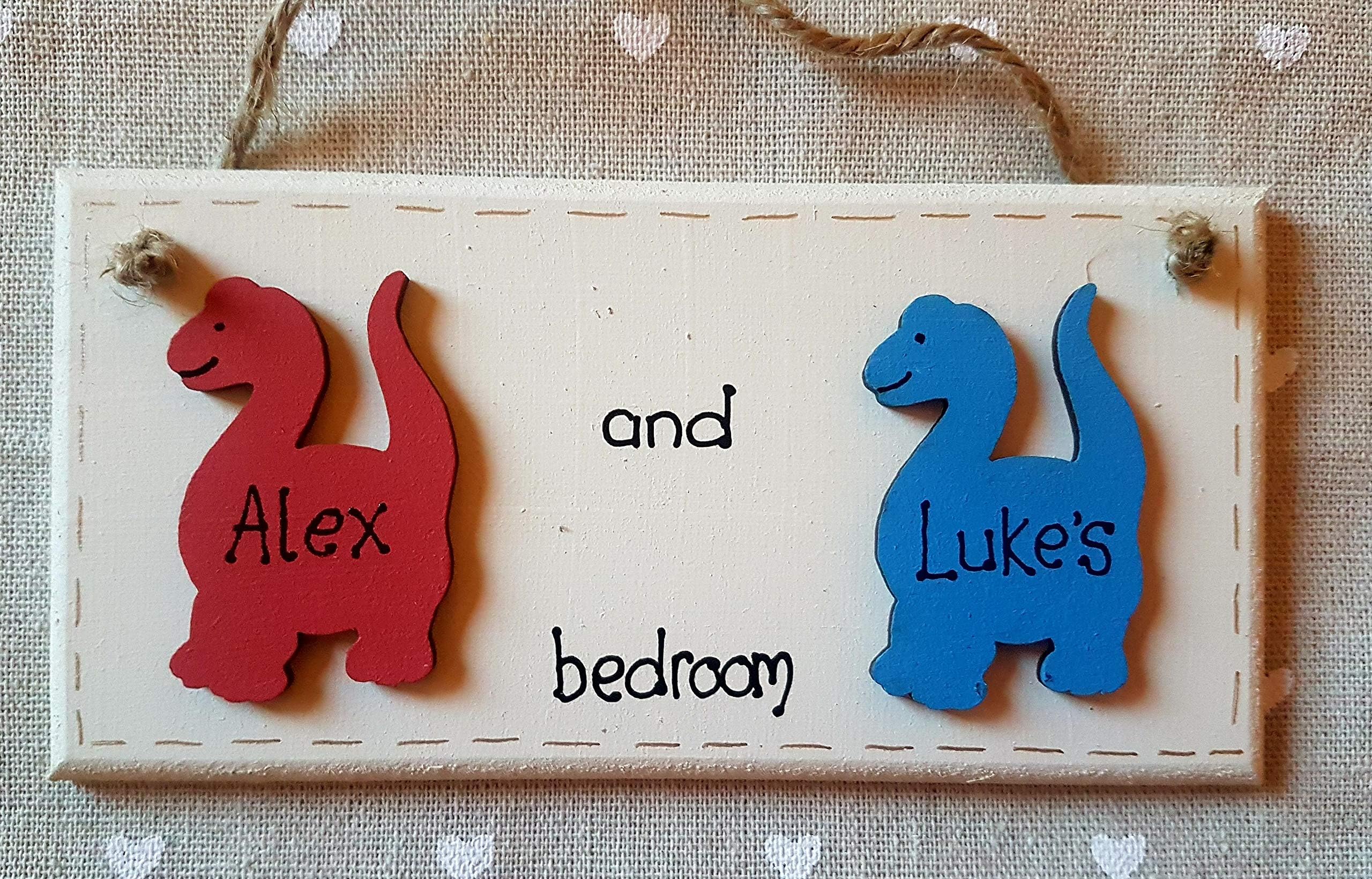 Shabbyandchic HANDMADE TWIN PLAQUE WOODEN DINOSAUR DOOR HANGER PERSONALISED SHARED ROOM GIRLS BOYS SIGN