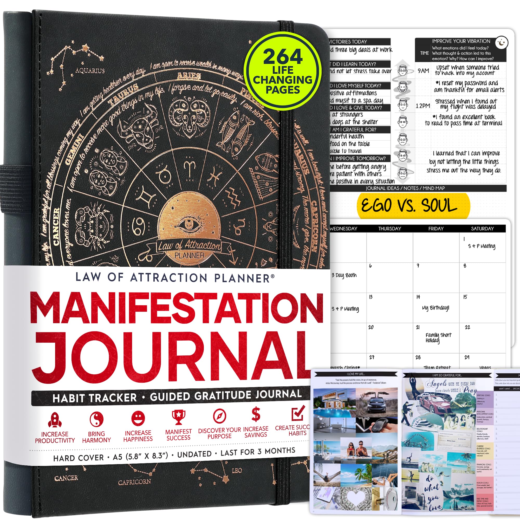 Manifestation Journal - 5 Minute Manifesting & Self Care Journal | 90-Day Undated Daily Planner for Positivity, Affirmations & Gratitude | Guided Mindfulness, Reflection | Vision Board + Stickers
