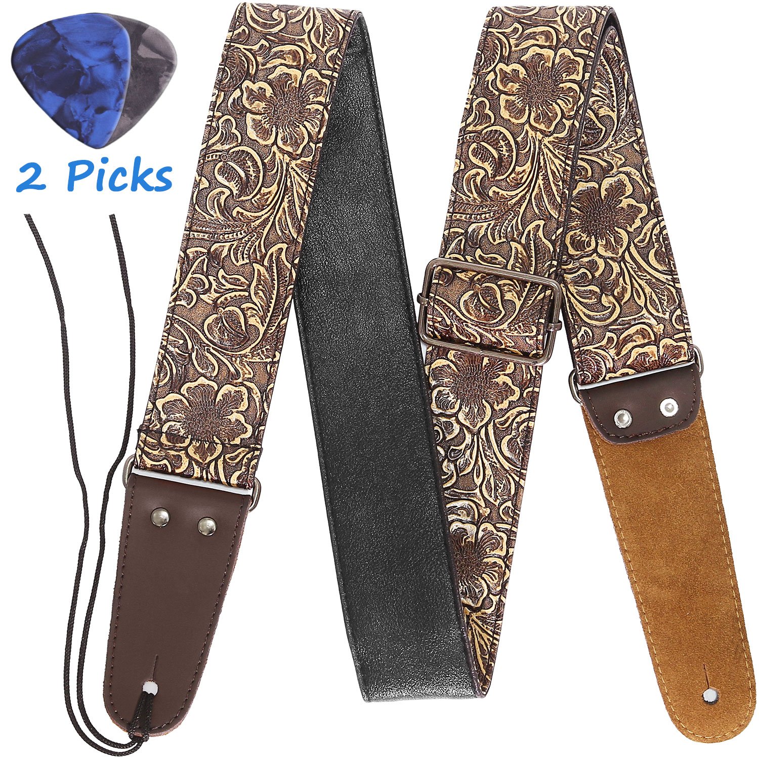 Amazon Anwenkレザー ギター ストラップ、PU革、本革の端、レトロなエレクトリックギターストラップアコースティックストラップ