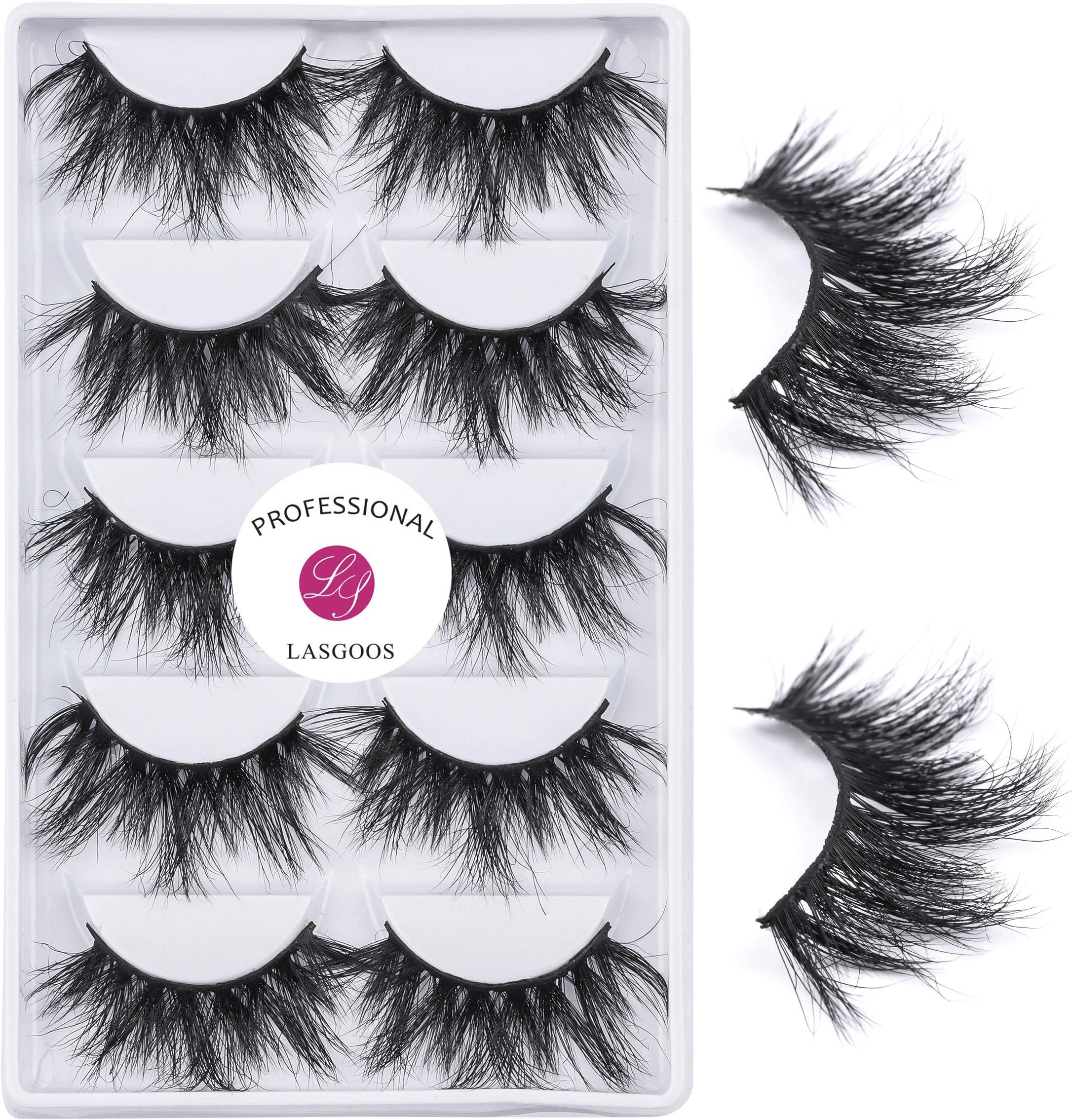 3D Mink 25mm False Eyelashes LASGOOS Siberian Luxurious Soft Cross Thick Very Long Wedding Dram Party 5 Pairs Fake Eye Lashes (E89-5)